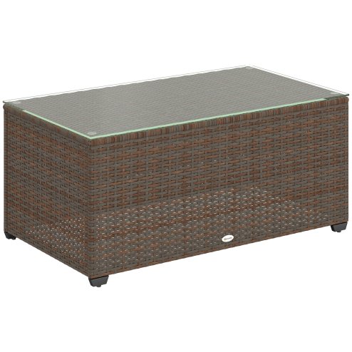 Outsunny Outdoor Coffee Table, PE Rattan Side Table with Tempered Glass Top, Wicker Rectangular Garden Coffee Table End Table with Steel Frame for Patio, Balcony, 90 x 50 x 38cm, Brown