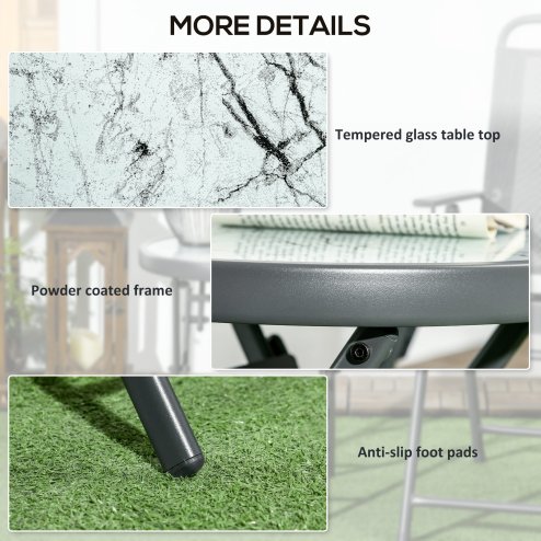 Outsunny ??45cm Garden Side Table, Outdoor Round Folding Patio Table with Imitation Marble Glass Top, Small Coffee Table, White