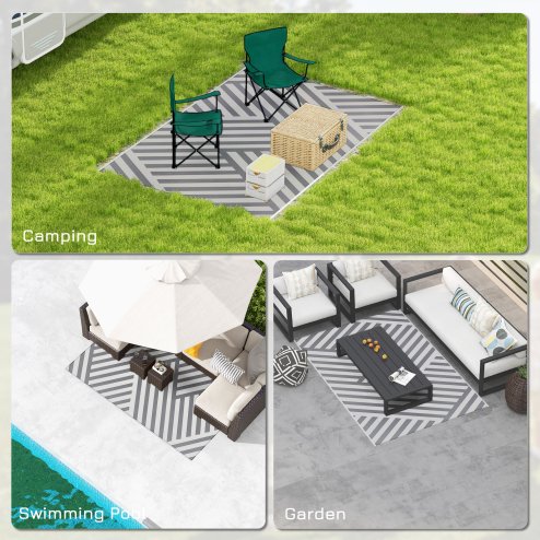 Outsunny Reversible Outdoor Rug with Carry Bag, Waterproof Plastic Straw Mat for Garden, Deck, RV, Picnic, Beach, Camping, 182 x 274cm, Grey and Cream