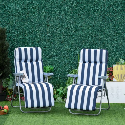 Outsunny Reclining Garden Chair Set of 2, 5-Level Adjustable Zero Gravity Chairs with Cushions, Folding Sun Lounger Garden Recliner Chairs with Armrests for Outdoor, Patio, Blue Stripe