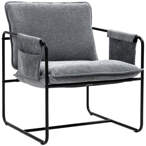 HOMCOM Modern Accent Chair, Chenille Armchair with Side Pockets and Steel Frame, Upholstered Reading Chair for Bedroom, Living Room, Grey Image