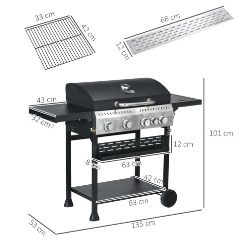 Outsunny 4+1 Gas Burner Grill, 12.5 kW Propane Gas Barbecue BBQ Grill with Wheels, Warming Rack, Shelves, Thermometer, Bottle Opener, Black