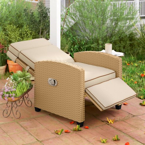 Outsunny Rattan Garden Recliner Chair, Adjustable Backrest Reclining Rattan Chair with Flip Table, Cushion and Footrest, Indoor Outdoor Lounge Reclining Sun Lounger for Patio, Khaki/Beige