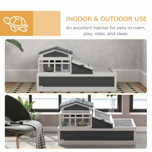 PawHut Tortoise House 3-Room Wooden Tortoise Enclosure Large Reptile Cage with 2 Stories, Ladder, Balcony, Tray, Openable Roof, 59H x 112L x 65Wcm, Grey