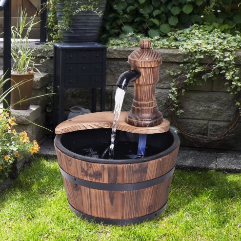Outsunny Barrel Patio Water Fountain Wood Garden Decorative Ornament Water Feature w/ Electric Pump