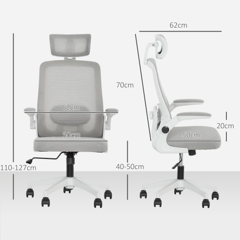 HOMCOM Executive Office Chair, Ergonomic Mesh High Back Desk Chair with Flip-up Armrest, Adjustable Lumbar Support, Rotatable Headrest, Grey
