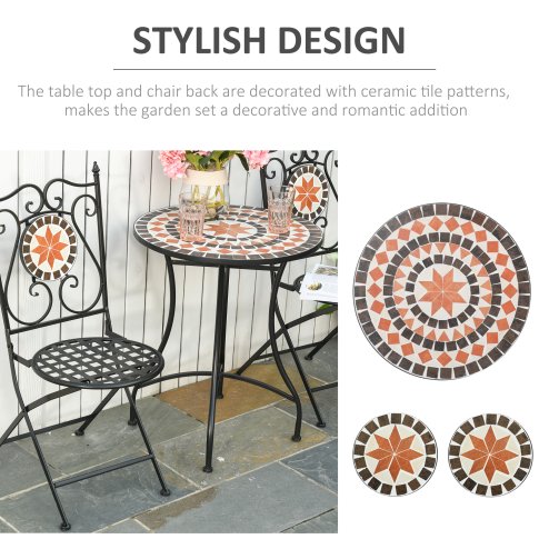 Outsunny 3 Pieces Garden Furniture Set, Bistro Set with 1 Ceramic Tile Round Table and 2 Foldable Chairs for Outdoor, Indoor, Patio, Balcony, Black