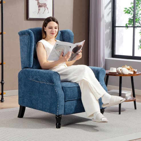 HOMCOM Recliner Armchair, Vintage Reclining Chair with Nail Head Trim, Wingback Chair with Button Tufted Back and Footrest, for Living Room, Royal Blue Image