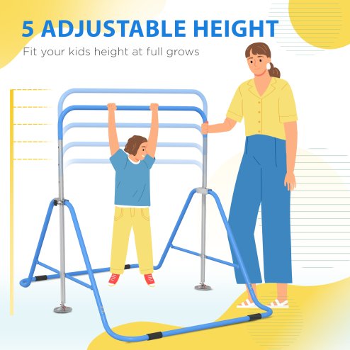 HOMCOM Kids Gymnastic Bar, Foldable Horizontal Bars w/ Adjustable Height, Training Bar w/ Triangle Base - Blue