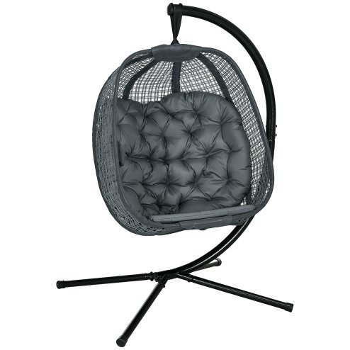 Outsunny Outdoor Swing Chair with Thick Padded Cushion, Patio Hanging Chair with Metal Stand, Egg Chair with Foldable Basket, Cup Holder, for Indoor and Outdoor, Dark Grey Image