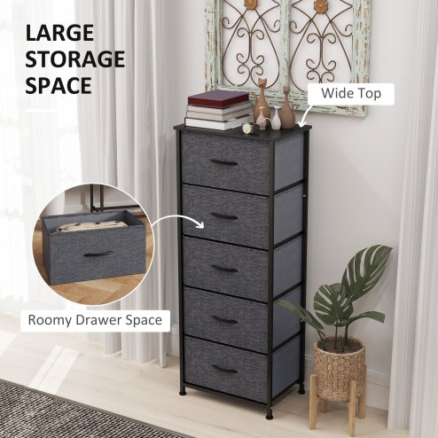 HOMCOM Fabric Chest of Drawers, Storage Drawers, Industrial Bedroom Dresser with 5 Fabric Drawers, Steel Frame and Wooden Top for Nursery, Living Room, Hallway, Dark Grey