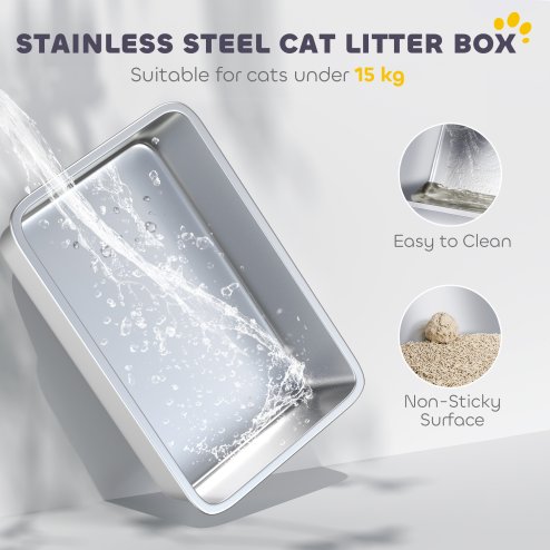 PawHut Stainless Steel Litter Box with Lid, Extra Large Hooded Cat Litter Tray for Big Cats with Front-Entry and Top-Exit, Metal Scoop, Deodorizer Bag, Non-Sticky, Odour Control and Easy Clean
