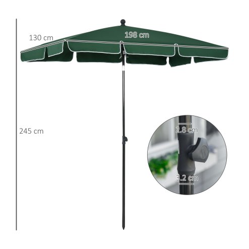 Outsunny 2 x 1.3m Garden Parasol Umbrella, Outdoor Market Table Umbrella with Ruffles & Aluminium Pole, Rectangular Tilting Parasol Sun Shade Canopy, Green