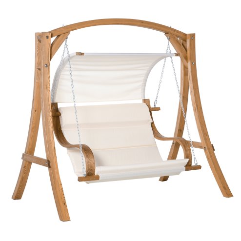 Outsunny Wooden Garden Swing Chair A-Frame Wood Log Swing Bench Chair With Canopy and Cushion for Patio Garden Yard