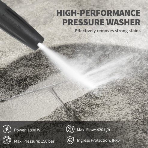 Outsunny 1800W High Pressure Washer, 150 Bar Pressure, 420 L/h Flow, Portable Power Washer Jet Wash Cleaner with Adjustable Nozzle, 6M Hose, Hose Reel, Steel Handle for Home Patio Car Driveway, Yellow