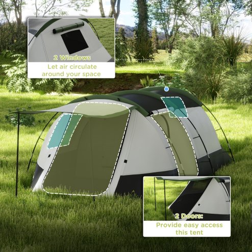 Outsunny 3-4 Man Camping Tent, Tunnel Tent with Bedroom, Living Room and Porch, 2000mm Waterproof, Portable with Bag, for Fishing Hiking Festival, Green