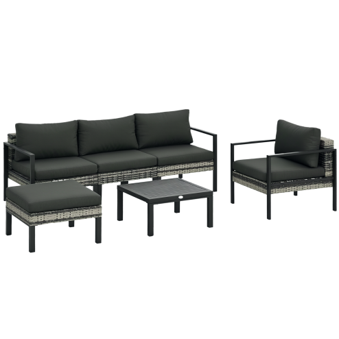 Outsunny 6 Pieces PE Rattan Garden Furniture Set with Sofa, Armchairs, Stool, Patio Sofa Set with Metal Coffee Table, Cushions, for Poolside, Charcoal Grey