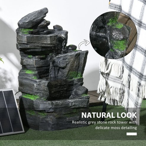 Outsunny Solar Powered Garden Water Feature with LED Lights and Pump, 4 Tier Cascading Water Fountain for Indoor/Outdoor, Stacked Stone Rock Waterfall Ornament, 57cm Height, Dark Grey