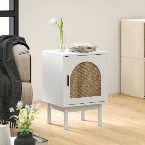 HOMCOM Rattan Bedside Table, Boho Bedside Cabinet with Adjustable Shelf and Solid Wood Legs, Side Table for Living Room, Bedroom