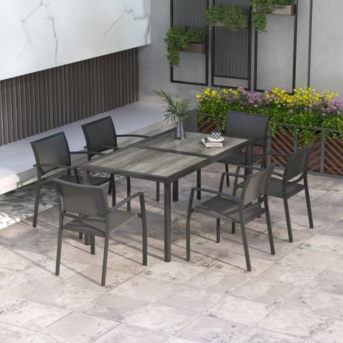 Outsunny 6 Seater Garden Dining Set, Stackable Armchairs and Wood-like Top Table, Space-Saving Outdoor Table and Chairs with Breathable Mesh Seat, Garden Furniture Set, Grey
