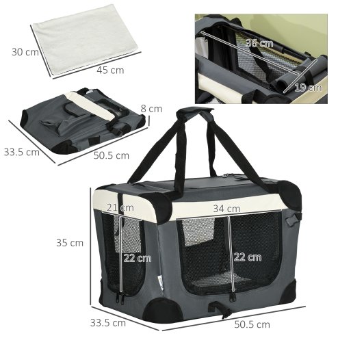 PawHut 51cm Foldable Pet Carrier for Miniature Dogs, Portable Cat Carrier Soft Side Pet Travel Crate with Removable Mat, Breathable Mesh - Grey