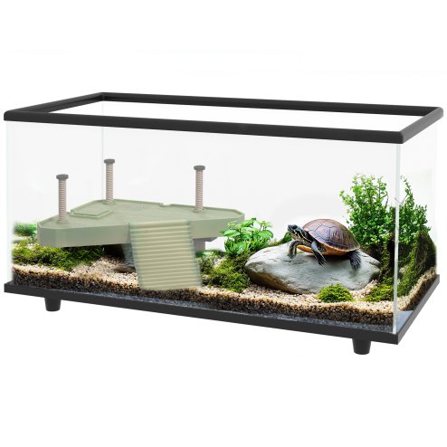 PawHut Turtle Tank, 50L Glass Turtle Aquarium with Basking Platform, Ramp, Easy Drainage, Strip Patch Thermometer, for Small Turtles, 60 x 30 x 32cm