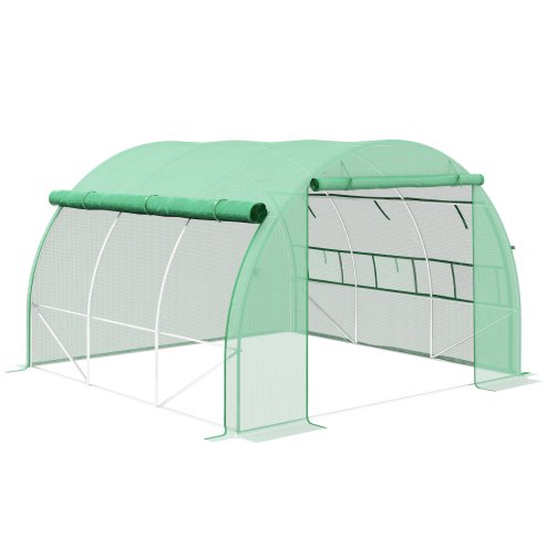 Outsunny 3 x 3 x 2 m Polytunnel Greenhouse with Roll-up Side Walls, Walk-in Grow House Tent with Steel Frame, Reinforced Cover, Zipped Door and 6 Mesh Windows for Garden, Green