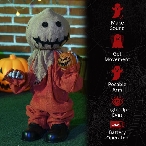 HOMCOM 77cm Outdoor Halloween Decoration Scarecrow, Standing Scarecrow Prop Life Size with Sound and Motion Activated, Light Up Eyes, Howling Sound, Posable Arms, Moving Hands