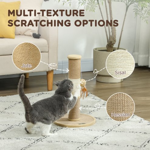PawHut Cat Scratching Post for Indoor Cats, 47cm Tall Cat Scratcher with Jute Sisal Rope, Hessian fabric, Hanging Toy Ball, Feather, Kitty Climbing Tree with Anti-slip Base, Brown