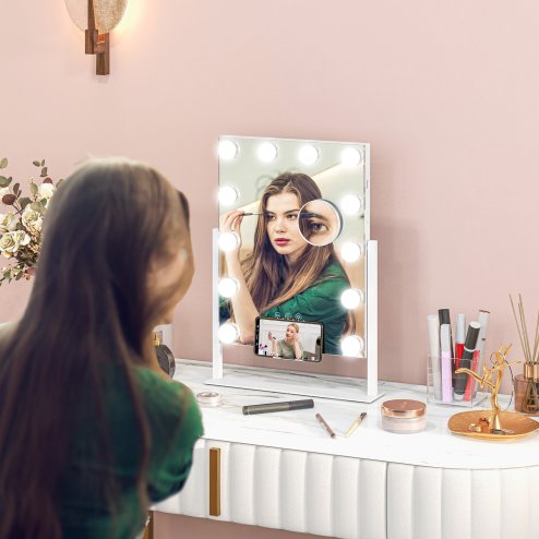 HOMCOM Hollywood Vanity Mirror with Lights, 37x46 cm Lighted Makeup Mirror with 3 Colour, 12 LED Bulbs, 10X Magnifying, USB Charging Port, Phone Holder, 360 Rotation, Touch Screen