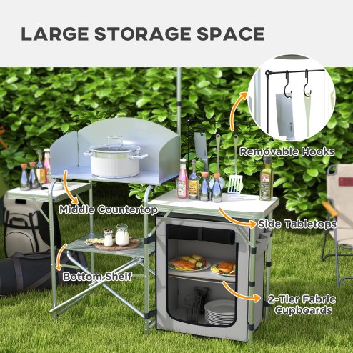 Outsunny Camping Kitchen with Storage Cupboard, Folding Camping Table, Aluminium Portable Picnic Table with Windshield, Light Stand, Carrying Bag for BBQ, Silver