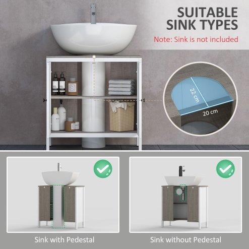 kleankin Modern Bathroom Sink Cabinet, Floor Standing Under Sink Cabinet, Freestanding Storage Cupboard with Adjustable Shelf, Double Doors, Antique White