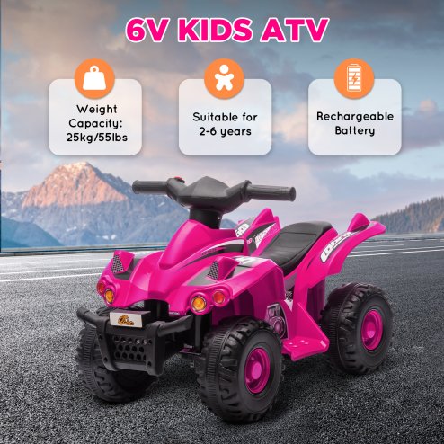 AIYAPLAY 6V Electric Quad Bike for Kids, Kids Electric Car Ride on ATV with Music, Forward Function, for Ages 2-6 Years, Pink