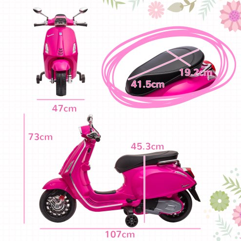 AIYAPLAY Vespa Licensed 12V Kids Electric Motorbike, Kids Ride on Motorcycle with Music, Headlight, MP3, FM Radio, Two Training Wheels, for 3-6 Years - Pink