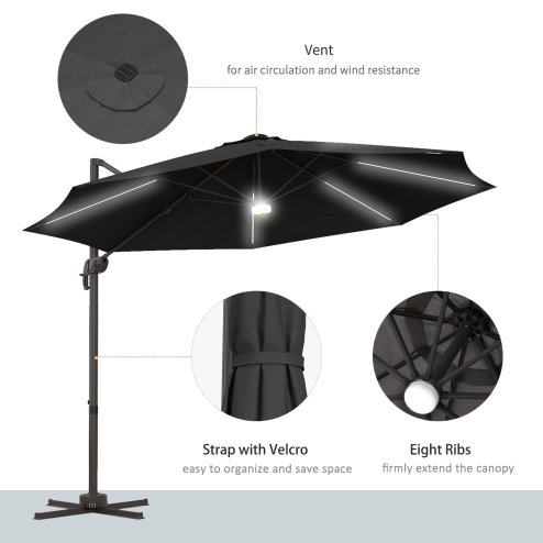 Outsunny 3(m) Cantilever Roma Parasol Garden Sun Umbrella Outdoor Patio with 360 Rotation Crank & Tilt Aluminium Frame LED Solar Light Cross Base, Dark Grey
