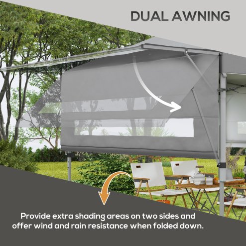 Outsunny 3 x 3(m) Pop Up Gazebo with Extend Dual Awnings, 1 Person Easy up Marquee Party Tent with 1-Button Push, Double Roof, Wheeled Bag, Sandbags, Height Adjustable Instant Shelter, Grey