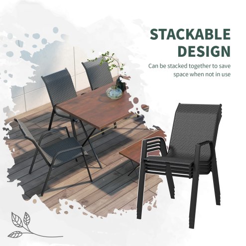 Outsunny Stackable Outdoor Chairs Set of 4, Rattan Garden Chairs with Armrests and Backrest for Deck, Grey