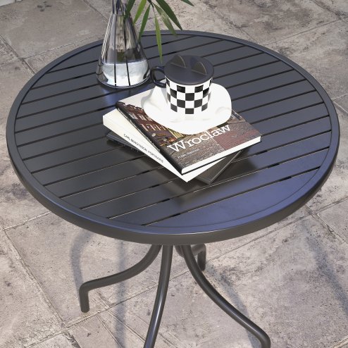 Outsunny ??66cm Garden Side Table, Round Bistro Coffee Table, Outdoor Patio Table with Steel Frame and Slat Tabletop for Balcony and Porch, Black