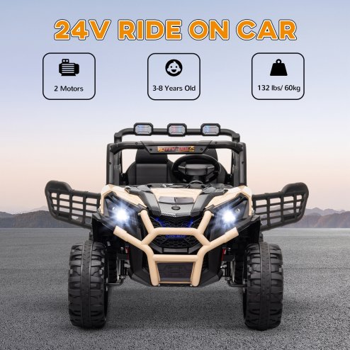 AIYAPLAY Kids Electric Ride on Car 2-Seater, 24V Truck UTV with Remote Control, Suspension System, LED Lights, Horn, Music, for 3-8 Years, khaki