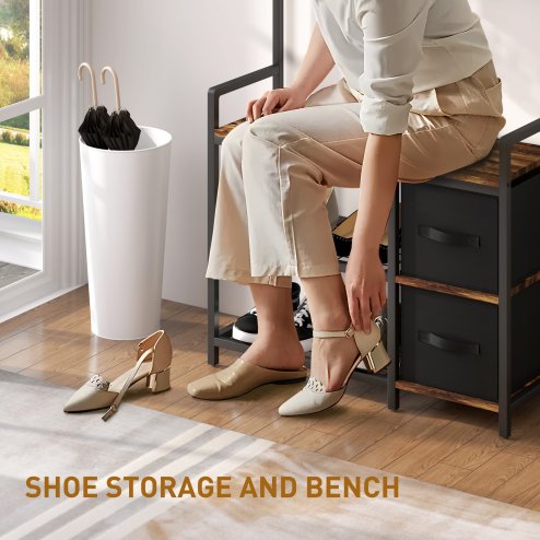 HOMCOM Coat Rack with Bench and Shoe Storage, 4-in-1 Coat Stand with 15 Coat Hooks, 2 Fabric Drawers for Hallway, Living Room, Bedroom, Rustic Brown