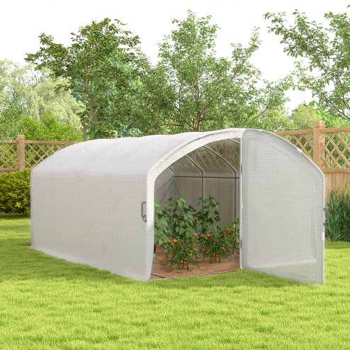 Outsunny 4 x 3 x 2m Polytunnel Greenhouse with Hinged Door, Walk-in Grow House Tent with UV-resistant PE Cover, Galvanised Steel Frame, Clamps, White