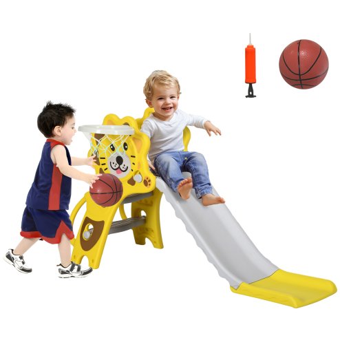 AIYAPLAY Kids Slide 3 in 1 Freestanding Toddler Slide with Climber, Basketball Hoop, Basketball, Lion-Themed for Ages 18-36 Months - Yellow