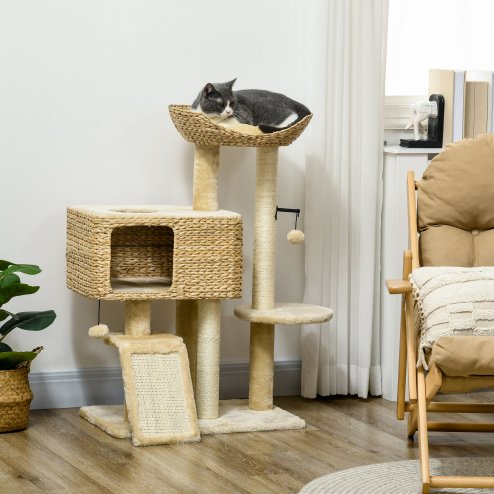 PawHut 95cm Cat Tree for Indoor Cats, Cat Tower with Scratching Posts, Ramp, Condo, Toy Balls, Platform, Bed, Ramp - Beige