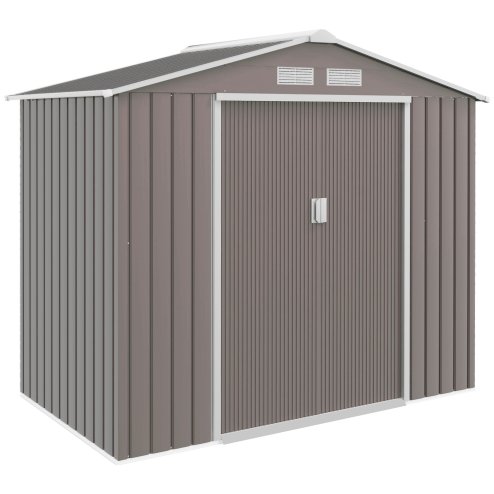 Outsunny 7 x 4ft Metal Garden Shed, Outdoor Storage Tool House with Ventilation Slots, Foundation Kit and Lockable Double Doors, Grey