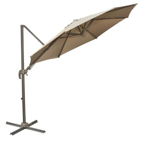 Outsunny 3(m) Cantilever Parasol 360 Rotation Roma Umbrella Hanging Sun Shade with Aluminium Frame, Tilt Crank, 8 Ribs and Cross Base, Khaki