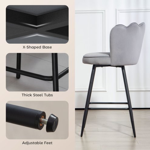 HOMCOM Bar Stools Set of 2, Modern Velvet-Feel Barstools with Petal Backrest and Footrest, Upholstered Breakfast Bar Chairs with Metal Legs for Kitchen Island Counter, Dining Room, Grey