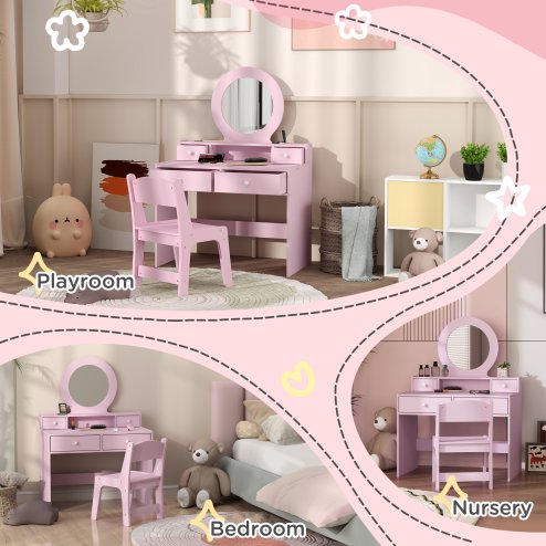 AIYAPLAY Kids Dressing Table Set with Stool and Mirror, Make up Set with Storage Drawers, Kids Vanity Table Gift for Aged 3-8 Years Old - Pink