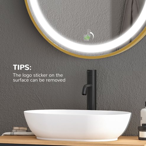 kleankin Round Bathroom LED Mirror, Dimmable Lighted Wall-Mounted Mirror with 3 Temperature Colours, Time Display, Memory Function, Hardwired, Gold