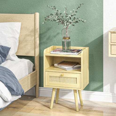 HOMCOM Bedside Tables Set of 2, Boho Styled Nightstand with Drawer, Storage Compartment and Rattan Accent, Side End Table for Bedroom, 40 x 30 x 60cm, Natural Wood Finish