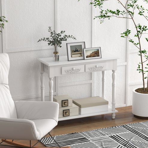 HOMCOM Console Table Modern Sofa Side Desk with Storage Shelves Drawers for Living Room Entryway Bedroom White Image